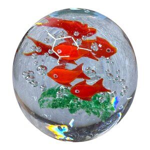Handcrafted Glass Paperweight Aquarium Underwater Red Fish & Green Seaweed